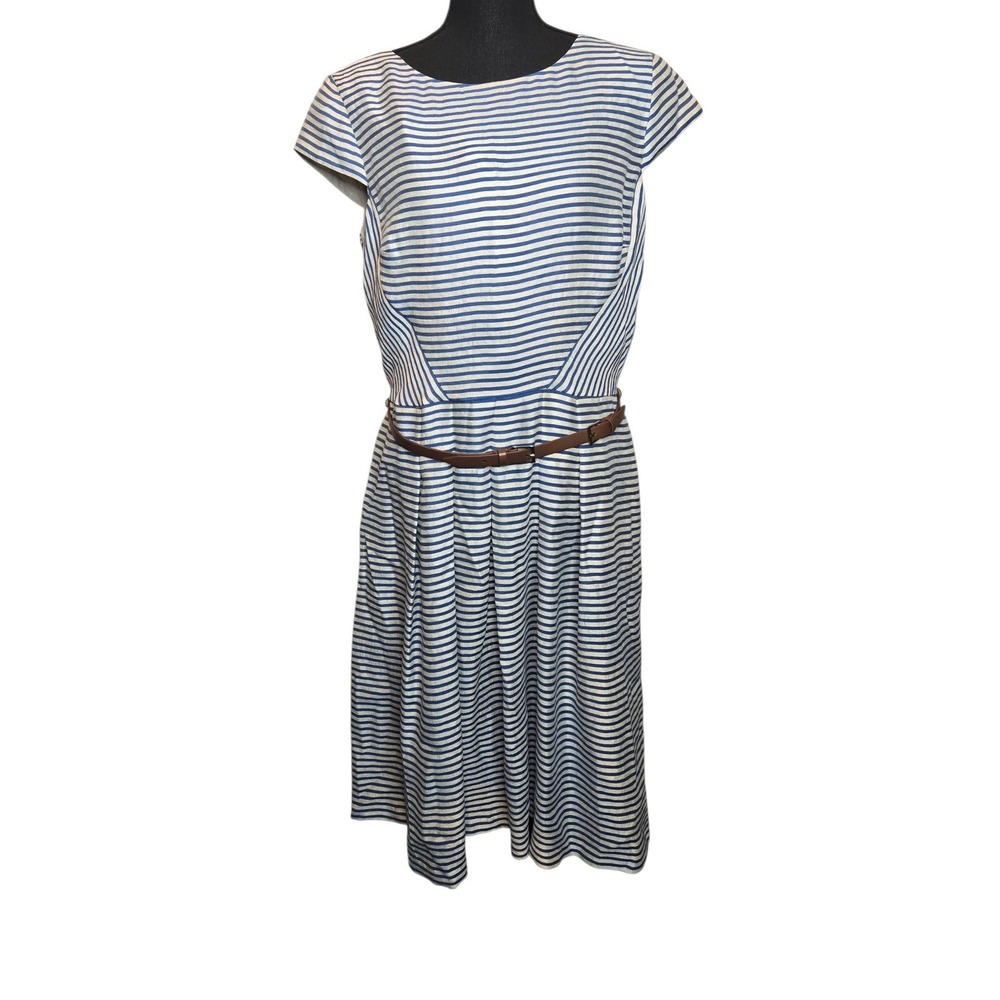 Anne Klein Fit and Flare Dress Womens 16 Blue White Striped Belted Midi Preppy